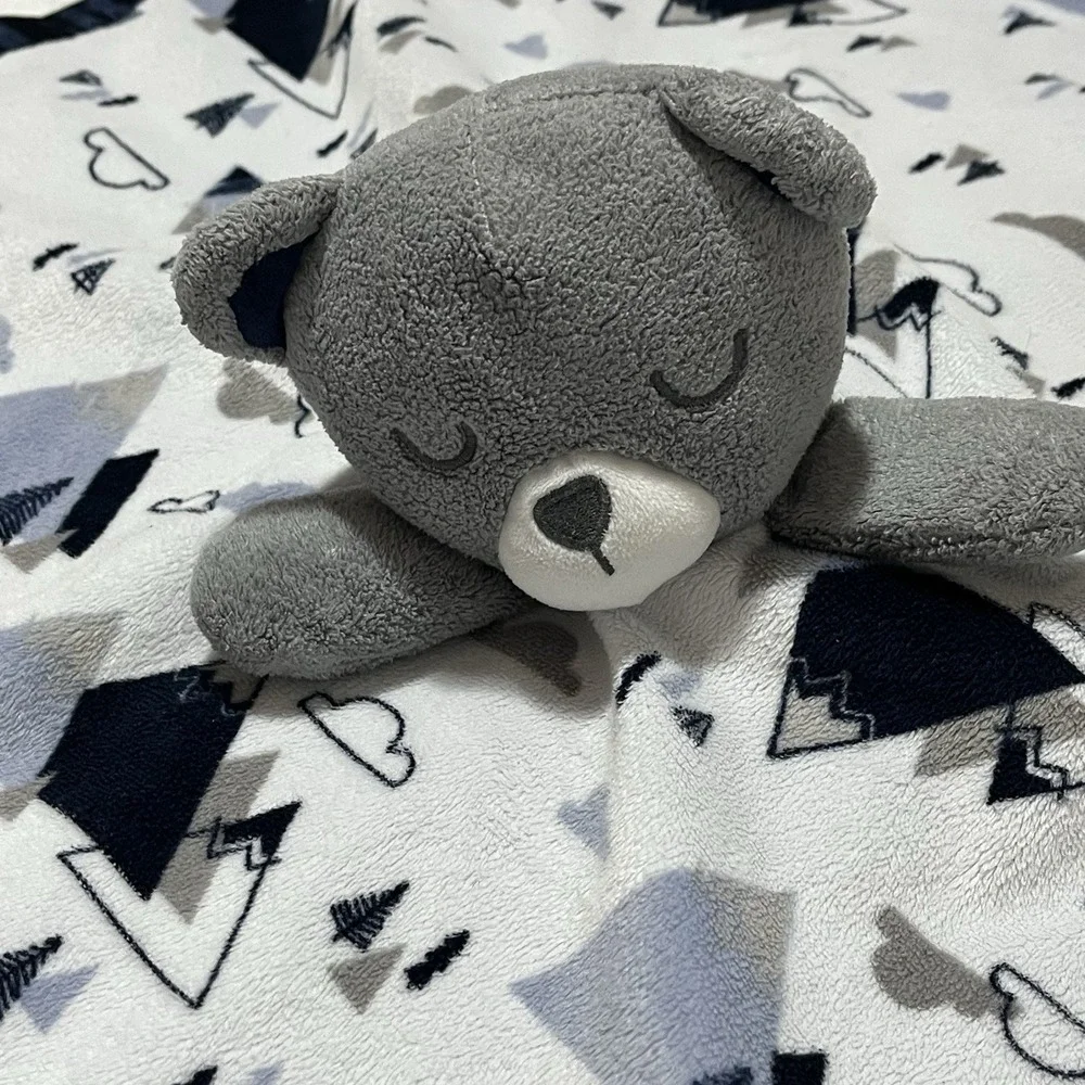 Just Born Sleeping Bear Lovey Blanket Mountains Clouds Gray White Blue Satin 25